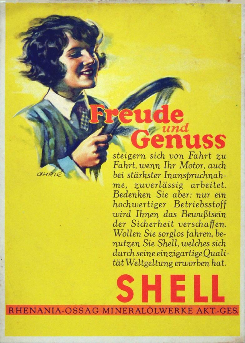Advertising Poster Shell Lady Driver: Original vintage advertising poster for Shell - pleasure and enjoyment. Great image of a smiling lady behind the wheel of a car with the text on one side below, on a yellow background. Good condition,