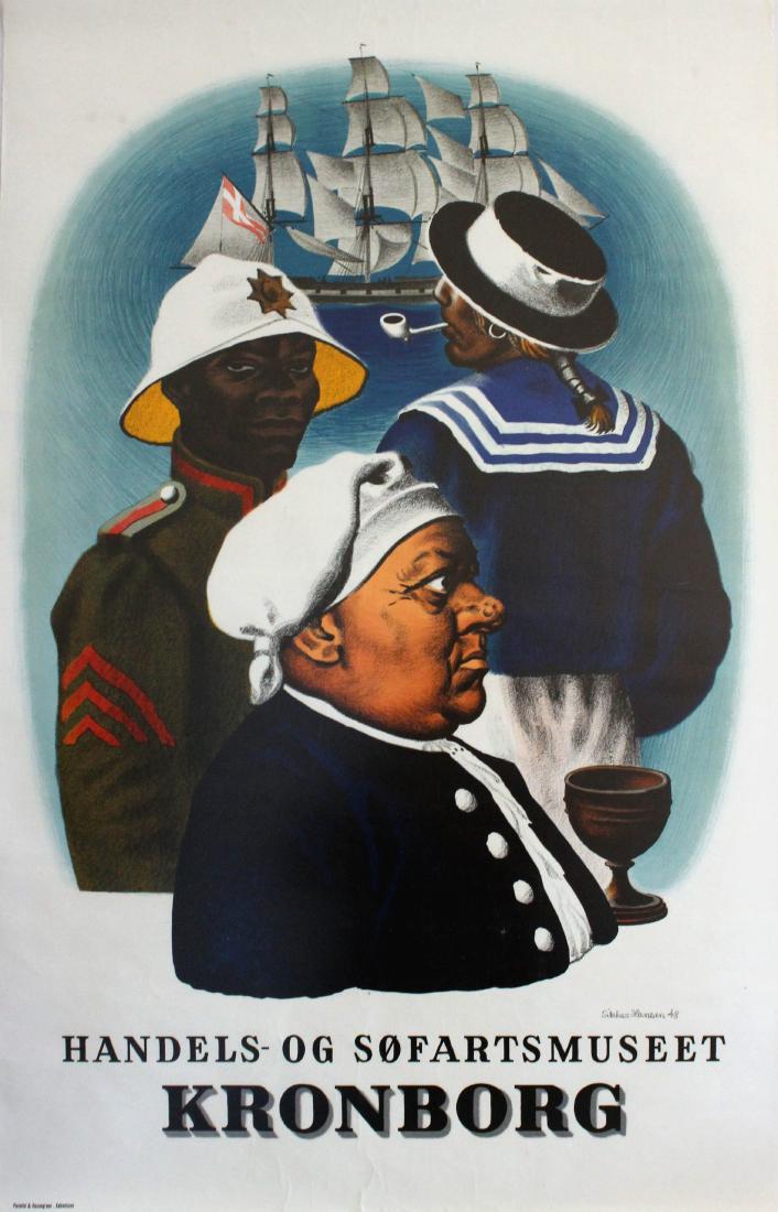 Advertising Poster Kronborg Commercial Maritime Museum: Original vintage poster for the Commercial and Maritime Museum of Kronborg / Handels-og Sofartsmuseet featuring a tall ship with three men in front, one wearing a sailor outfit and smoking a pipe, ano