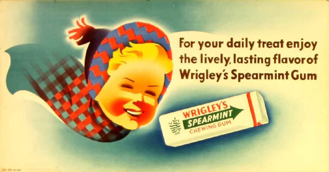 Advertising Poster Wrigley's Spearmint Gum: Original vintage poster for Wrigley's Spearmint, for your daily treat enjoy the lively lasting flavour of Wrigley's spearmint gum. CC-5P-6-50. Horizontal. Good condition, minor soiling, bumps and loss