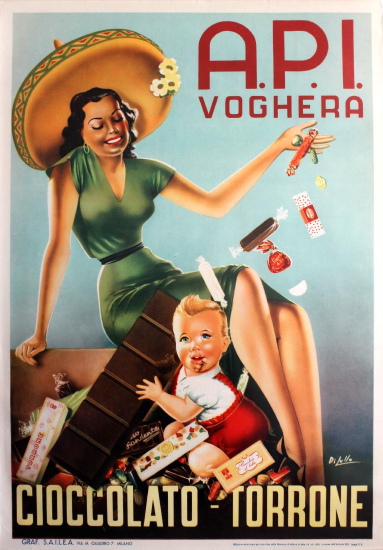 Advertising Poster API Voghera Chocolate: Original vintage advertising poster for A.P.I. Voghera chocolate featuring a fun image of an elegant lady wearing a hat and green dress scattering a variety of chocolates down over a young child holdi