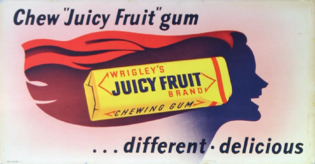 Advertising Poster Wrigley's Juicy Fruit: Original vintage advertising poster for Wrigley's Juicy Fruit, Chew "Juicy Fruit" Gum, different, delicious. JF, CC-50-1. Good condition, light soiling and minor losses on margins. USA,1950. Designer: