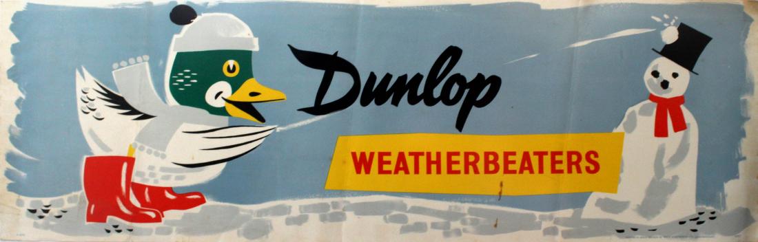 Advertising Poster Dunlop Wellies: Original vintage advertising poster for Dunlop wellington boots featuring a fun image of a duck wearing red wellies, scarf and hat throwing a snowball at a snowman wearing a red scarf, knocking off hi
