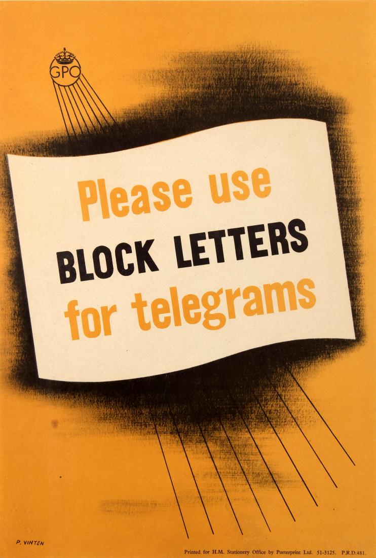 Advertising Poster Block Letters For Telegrams GPO: Original vintage Post Office advertising poster: Please use Block Letters for Telegrams published by the General Post Office GPO featuring a great design with the text over a piece of white waving pap