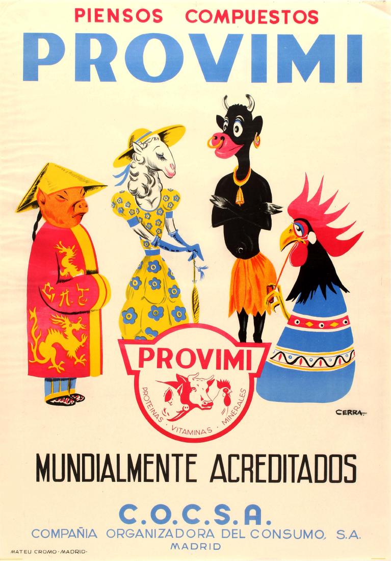 Advertising Poster Provimi Premix: Original vintage advertising poster for Provimi Premix, a premix food for animals containing proteins, vitamins and minerals internationally approved by the C.O.S.C.A. (Spanish Company for the Consump