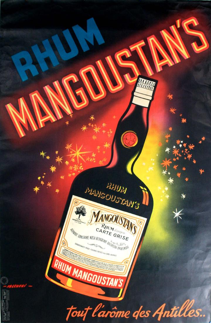 Advertising Poster Rhum Mangoustan's: Original vintage drink advertising poster for Rhum Mangoustan's - all the aroma of the Antilles. Image of a bottle of rum with firework stars behind it, designed by the French artist Robert Falcucci (