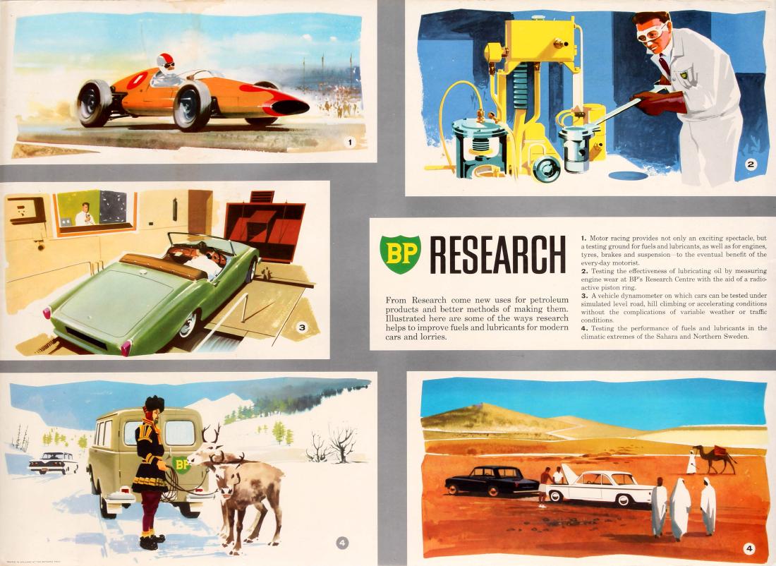 Advertising Poster BP Oil Research: Original vintage advertising poster - BP Research - published by BP (British Petroleum; since 1908) to illustrate some of the ways their research helps to improve fuels and lubricants for modern vehic