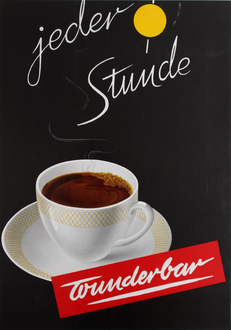 Advertising Poster Wunderbar Coffee: Original vintage drink advertising poster for the German brand of coffee Wunderbar Jeder Stunde / Every Hour featuring a great design against a dark background of a cup of steaming hot coffee with the
