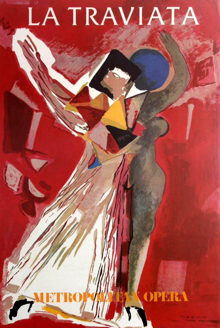 Advertising Poster La Traviata Metropolitan Opera: Original vintage theatre advertising poster for a production of Verdi's opera La Traviata at the Metropolitan Opera in New York. Colourful expressionist painting by the Italian artist and sculptor Mar