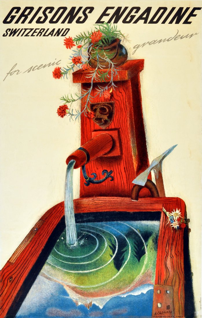 Travel Poster Grisons Engadine Switzerland Carigiet: Original vintage travel poster for Grisons Engadine, Switzerland - for scenic grandeur. Image of a traditional wooden water pump with flowers on the top and side, a walking stick and ice pick leaning 