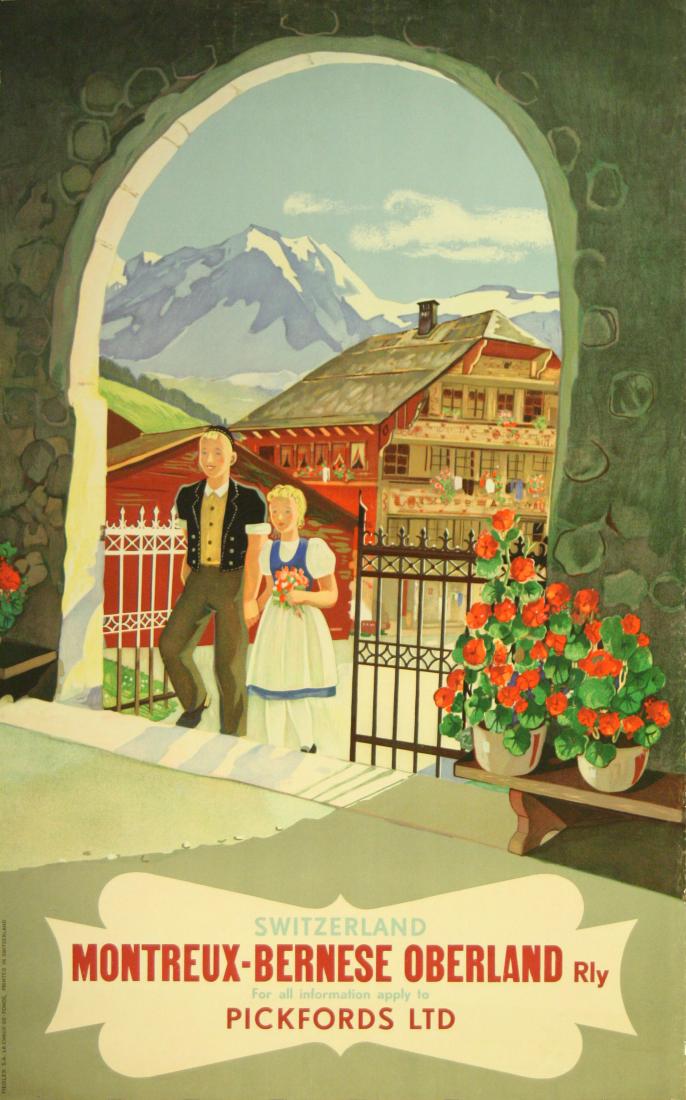 Travel Poster Switzerland MOB Railway: Original vintage travel poster for Switzerland, Montreux-Bernese Oberland Railway, for all information apply to Pickfords Ltd. Printed in Switzerland by Fiedler S.A. la Chaux-de-Fonds. Good condition,