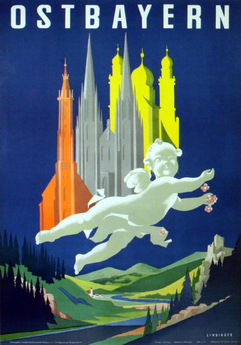 Travel Poster East Bavaria: Original vintage travel poster advertising East Bavaria - Ost Bayern. Bright and colourful image of a cherub in the sky spreading flowers over a country landscape with cathedral spires behind him. Exc