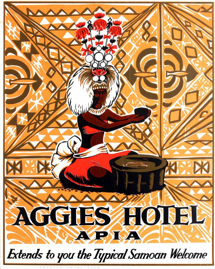 Travel Poster Aggies Hotel Apia Samoa: Original vintage travel advertising poster for Aggies Hotel Apia - Extends to you the Typical Samoan Welcome featuring a fantastic image of a Samoan lady dressed in traditional clothing and wearing an