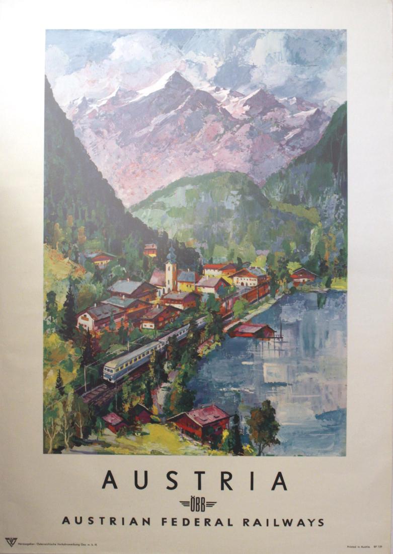 Travel Poster Austrian Railways Ski Mountains: Original vintage travel advertising poster for Austria, Austrian Railways, featuring a train running along a lake by a country town that looks very similar to Lech ski resort, snow topped mountains in