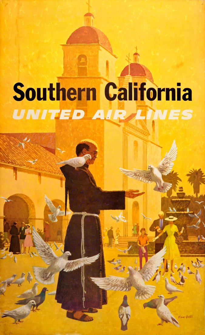 Travel Poster Southern California United Airlines Galli: Original vintage travel advertising poster for Southern California by United Air Lines featuring a bright image of monks outside a church, one feeding birds with a well dressed family and the other sp