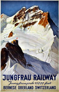 Ski Poster Jungfrau Railway Montreux Oberland Bernois: Original vintage Swiss travel poster for the Jungfrau Railway, one of the highest railway in Europe and part of the Montreux Oberland Bernois in Switzerland. The building with the Swiss flag in the pi