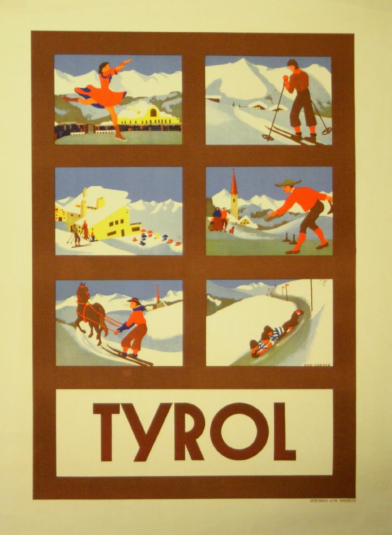 Ski Poster Tyrol Winter Sports: Original vintage poster advertising Winter Sports in Austria - Tyrol. Art Deco design by Hedi Scherer, printed by Kifa, Innsbruck. Very good condition, repaired tear on margin. Austria,1936. Designer: