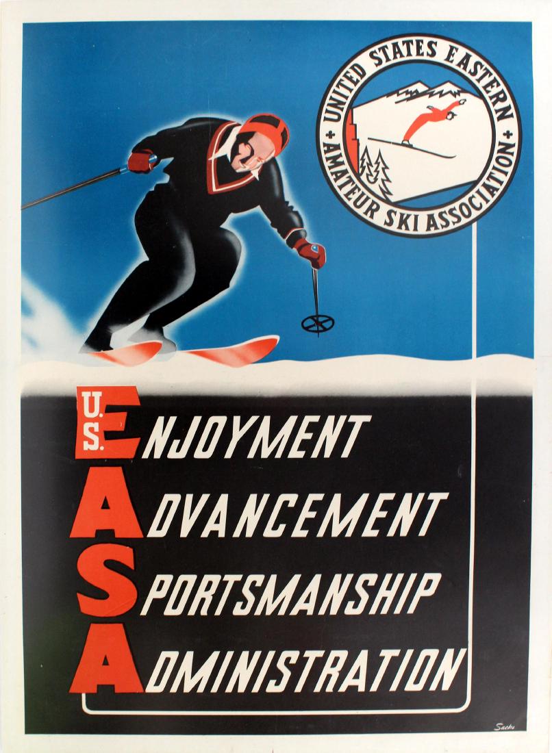 Ski Poster US Eastern Amateur Ski Association: Original vintage skiing poster for the United States Eastern Amateur Ski Association featuring an image of a skier skiing down a piste with a line from the USEASE logo to the letters forming the words