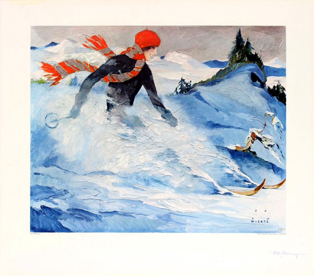 Ski Poster Skiing Christiania: Original vintage skiing poster that shows an elegant lady wearing a red hat and scarf skiing on wooden skis through powder snow with trees and mountains on the horizon. The manoueuvre depicted is call
