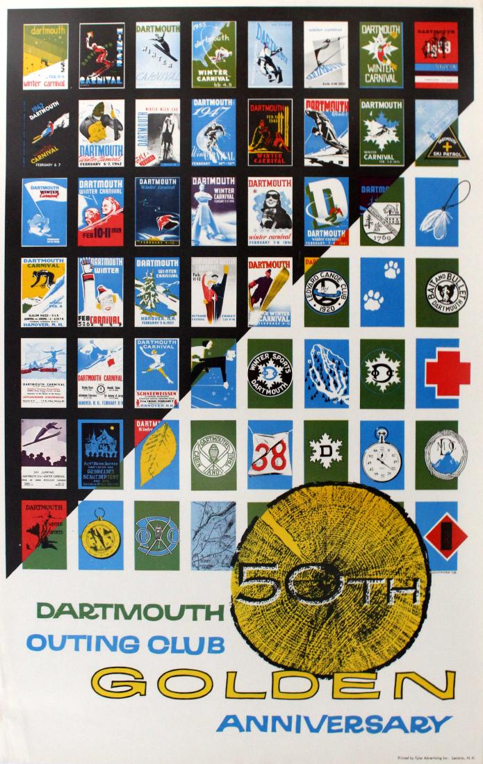 Ski Poster Dartmouth Outing Club 50 Anniversary: Original vintage ski poster for the Dartmouth Outing Club - 50th Golden Anniversary - featuring colourful images of various Dartmouth skiing posters for the annual Dartmouth Winter Carnival (held sinc