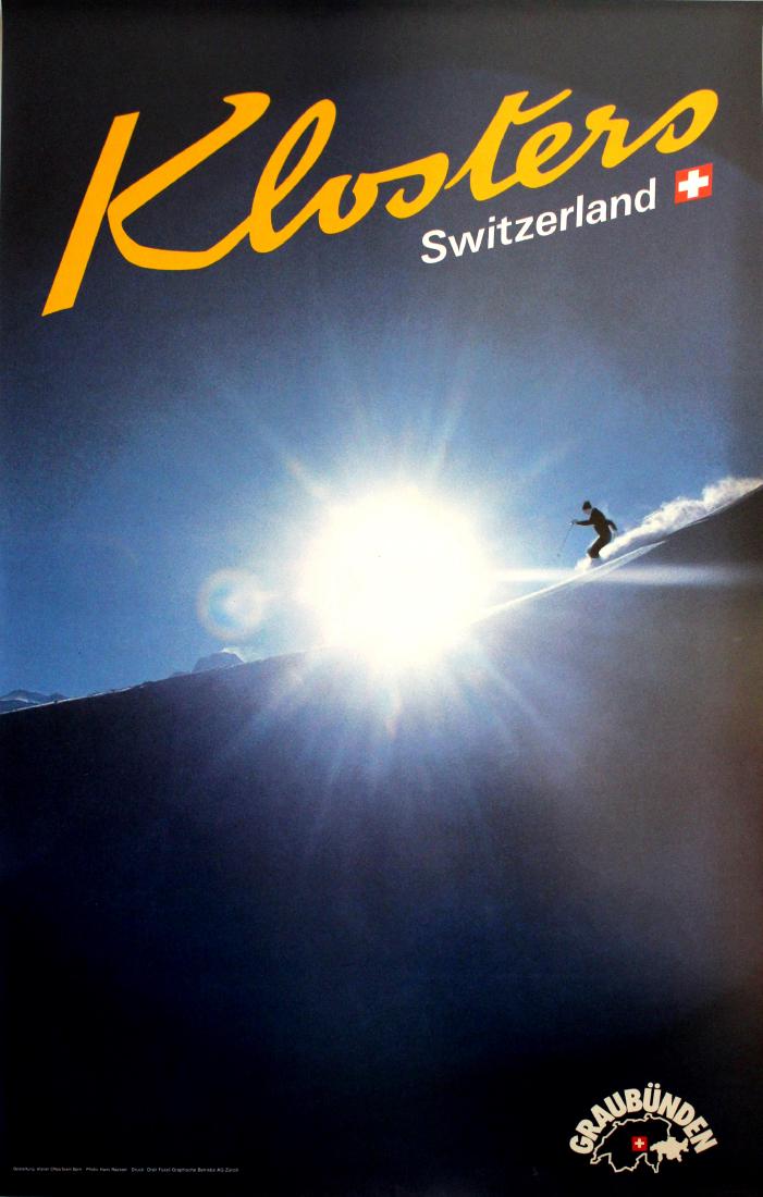 Ski Poster Klosters Skiing Switzerland: Original vintage ski poster for Klosters ski resort in the Graubunden region in Switzerland featuring a great image of a skier on a snowy mountain in front of a bright sun with the snow spraying up be