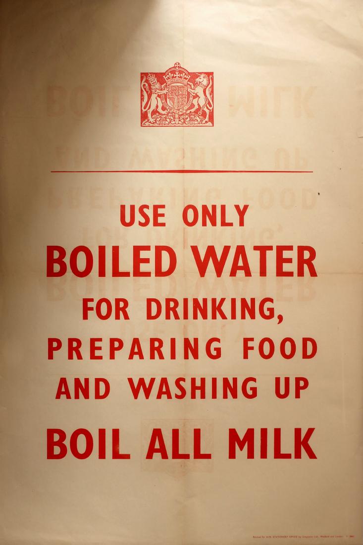 War Poster Use Only Boiled Water WWII: Original vintage World War Two propaganda poster issued in England by the H.M. Stationery Office with the slogan, Use Only Boiled Water for Drinking, Preparing Food and Washing Up, Boil All Milk. Quir
