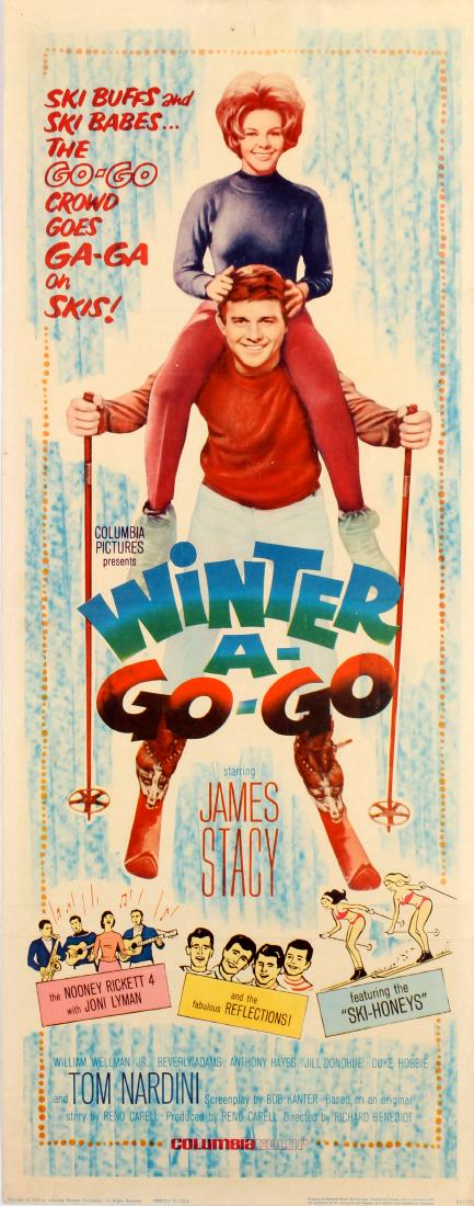Movie Poster Winter A Go Go Skiing: Original vintage movie poster for a comedy film Winter A-Go-Go Ski buffs and ski babes The Go-Go crowd goes ga-ga on skis! directed by Richard Benedict and starring James Stacy, William Wellman Jr., B