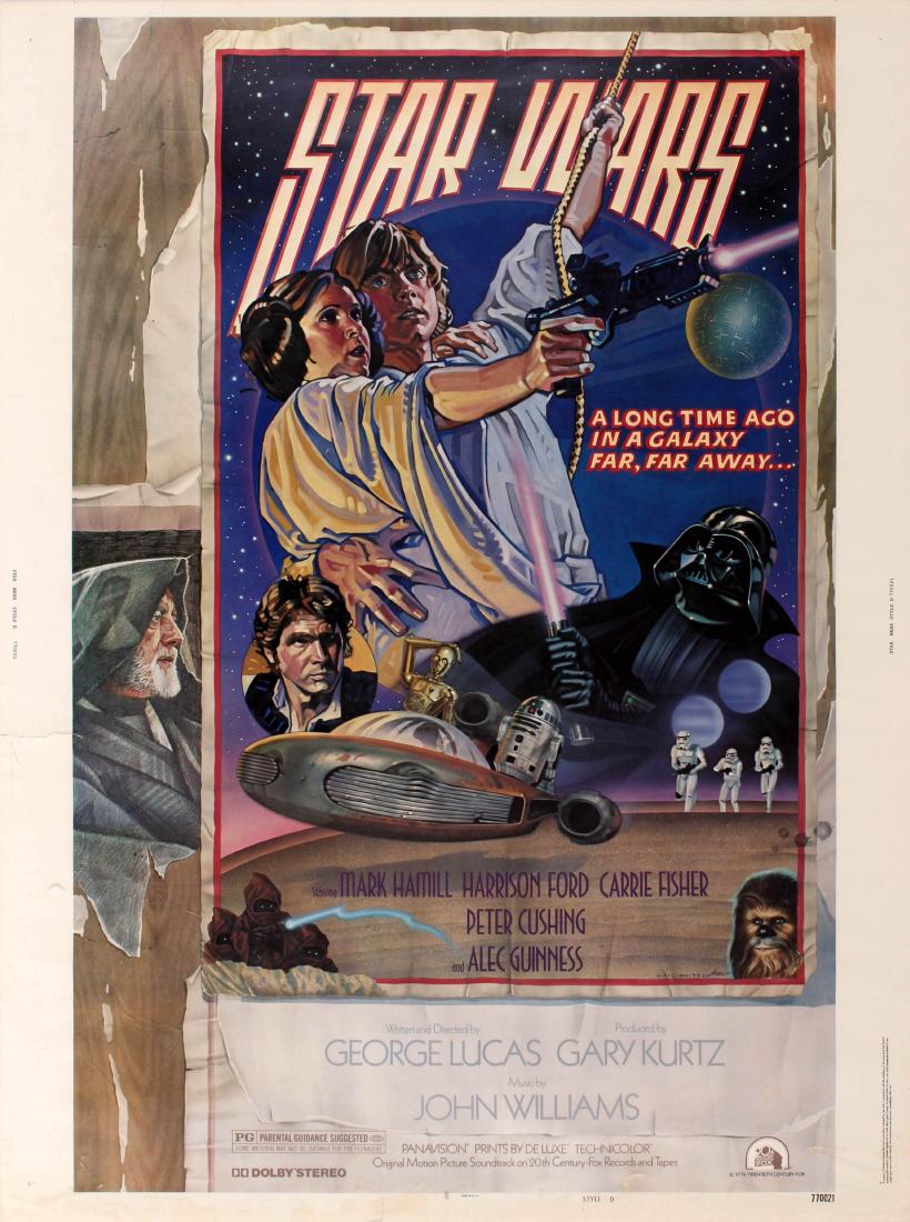 Movie Poster Star Wars A New Hope Style D: Original vintage movie poster for the classic film directed by George Lucas, Star Wars: Episode IV - A New Hope, starring Mark Hamill as Luke Skywalker, Harrison Ford as Han Solo, Peter Mayhew as Chew