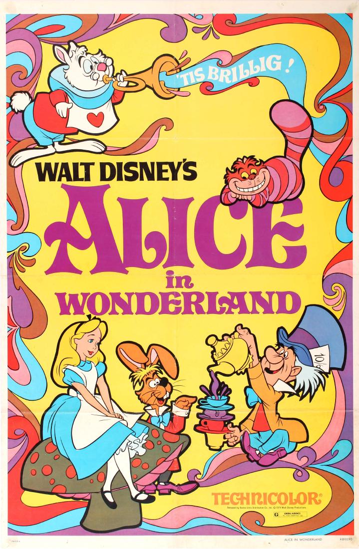 Movie Poster Alice in Wonderland Disney: Original vintage movie poster for the 1981 re-release of the classic Walt Disney animation film Alice in Wonderland Tis brillig! first released in Technicolor by Buena Vista Distribution in 1951. Colo
