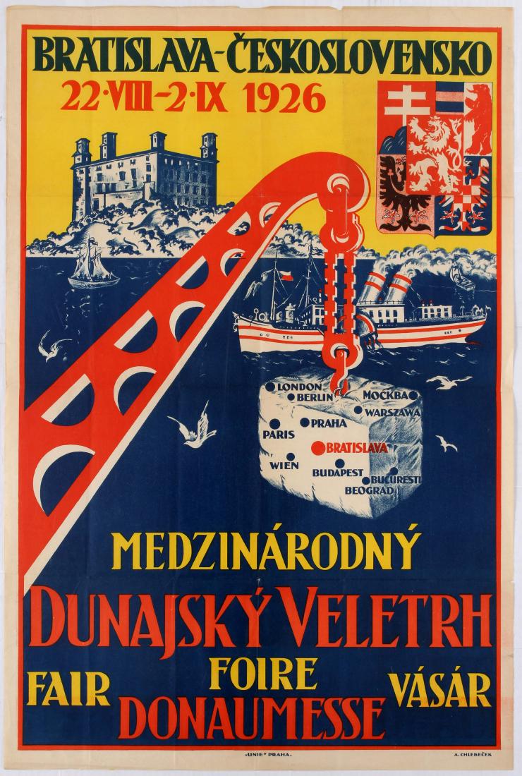 Advertising Poster International Danube Fair Bratislava: Advertising Poster - International Danube Fair, Bratislava, CzechoSlovakia, 1926. Country: CzechoSlovakia. Year: 1926. Artist: A. Chlebecek. Size (cm): 95x63. Good condition, folded as issued, minor t