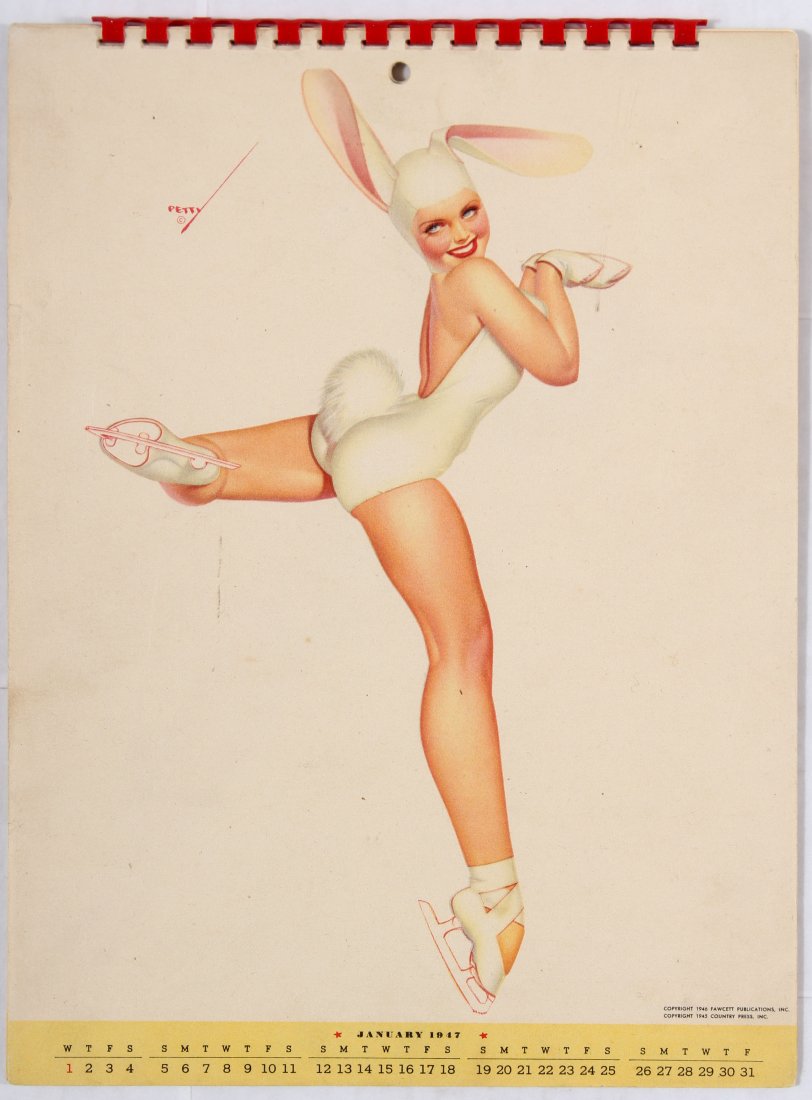 Pin Up Girl Poster Calendar 1947 George Petty: Advertising Poster - Pin-Up Calendar 1947 by George Petty. George Brown Petty IV (April 27, 1894 – July 21, 1975) was an American pin-up artist. His pin-up art appeared primarily in Esquire and Fawc
