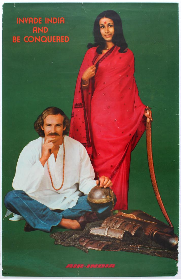 Travel Poster Invade India and be conquered Air India: Travel Poster - Invade India and be conquered - Air India. Country: India. Year: 1974. Artist: Unknown. Size (cm): 99x63.5. Fair condition, tears in margins.