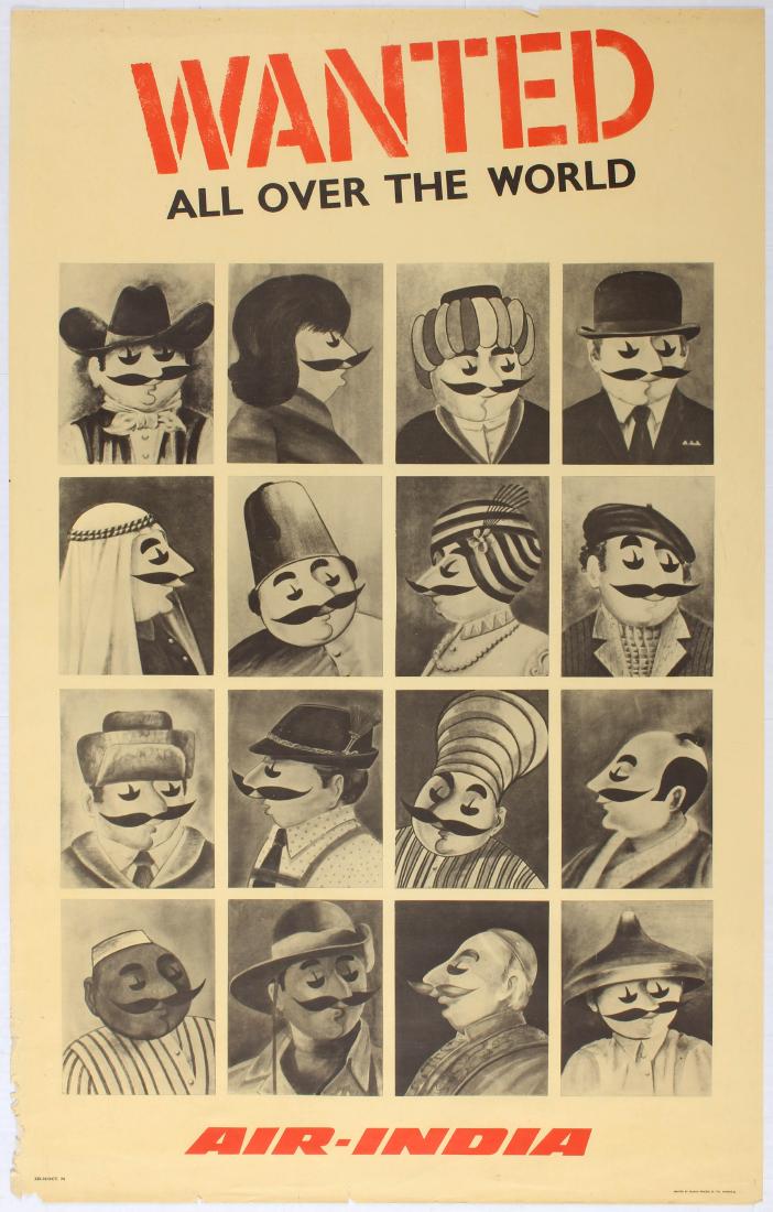 Travel Poster Wanted all over the World Air India: Travel Poster - Wanted all over the World - Air India. Country: India. Year: 1974. Artist: Unknown. Size (cm): 99x63.5. Fair condition, tears in margins.