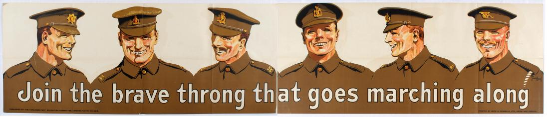 WWI Propaganda Poster Join the brave throng that goes: WWI Propaganda Poster - Join the brave throng that goes marching along. British Army Recruitment Poster (large version) - Country: UK. Year: 1915. Artist: Gerald Wood. Size (cm): 49x238 (Horizontal).