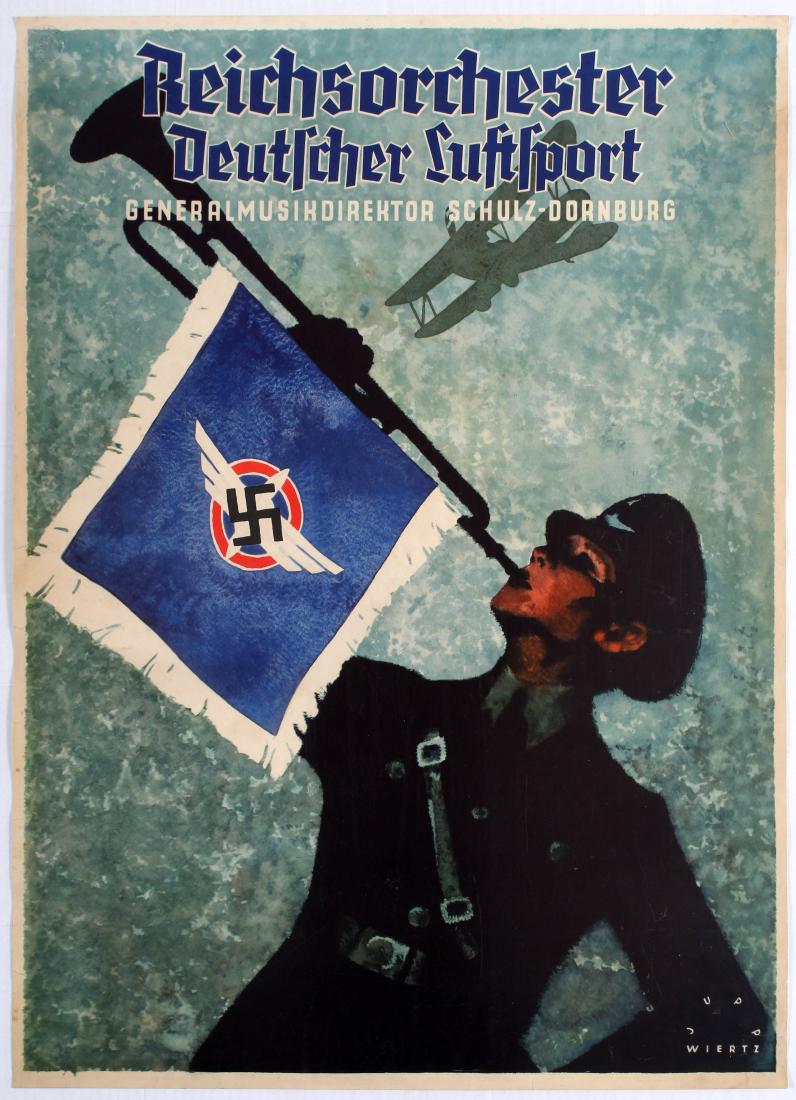 Nazi Propaganda Poster Luftwaffe Jupp Wiertz: Nazi Propaganda Poster - German Airforce Orchestra Poster by Jupp Wiertz. Country: Germany. Year: 1930s. Artist: Jupp Wiertz. Size (cm): 89x63.5. Very good condition, repaired tears and folds in margi