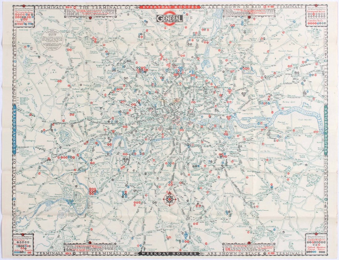 London Map of The General Omnibus Routes No4 1929: London Map of The General Omnibus Routes No.4, 1929. Includes schedule for all buses and a map of all bus routes and stops with legend. Good condition, dirt spots, minor tears on folds and margins. Co