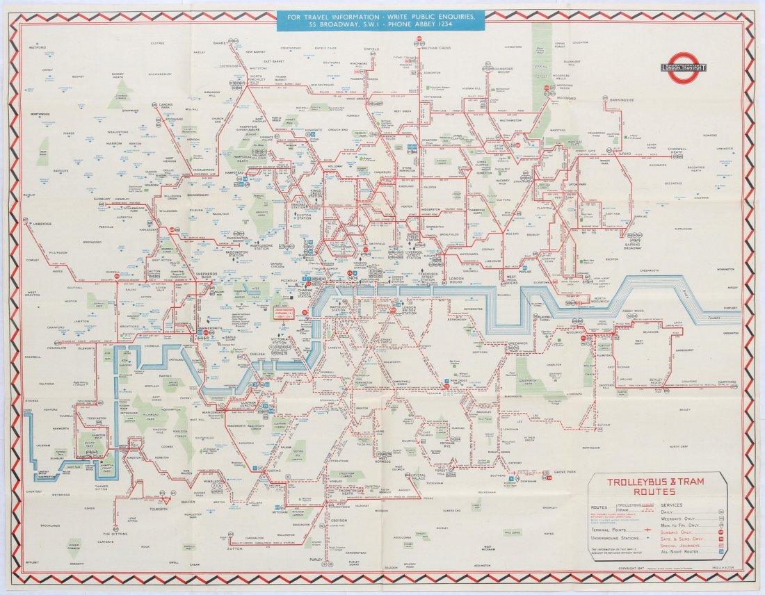 London Trolleybus & Tram Map Of Routes No1 1947 Elston: London Trolleybus & Tram Map Of Routes No.1, 1947 London Passenger Transport Board. Includes schedule of Trolleybus, map of all Trolleybus, Tram routes and Underground stations with legend. Published 