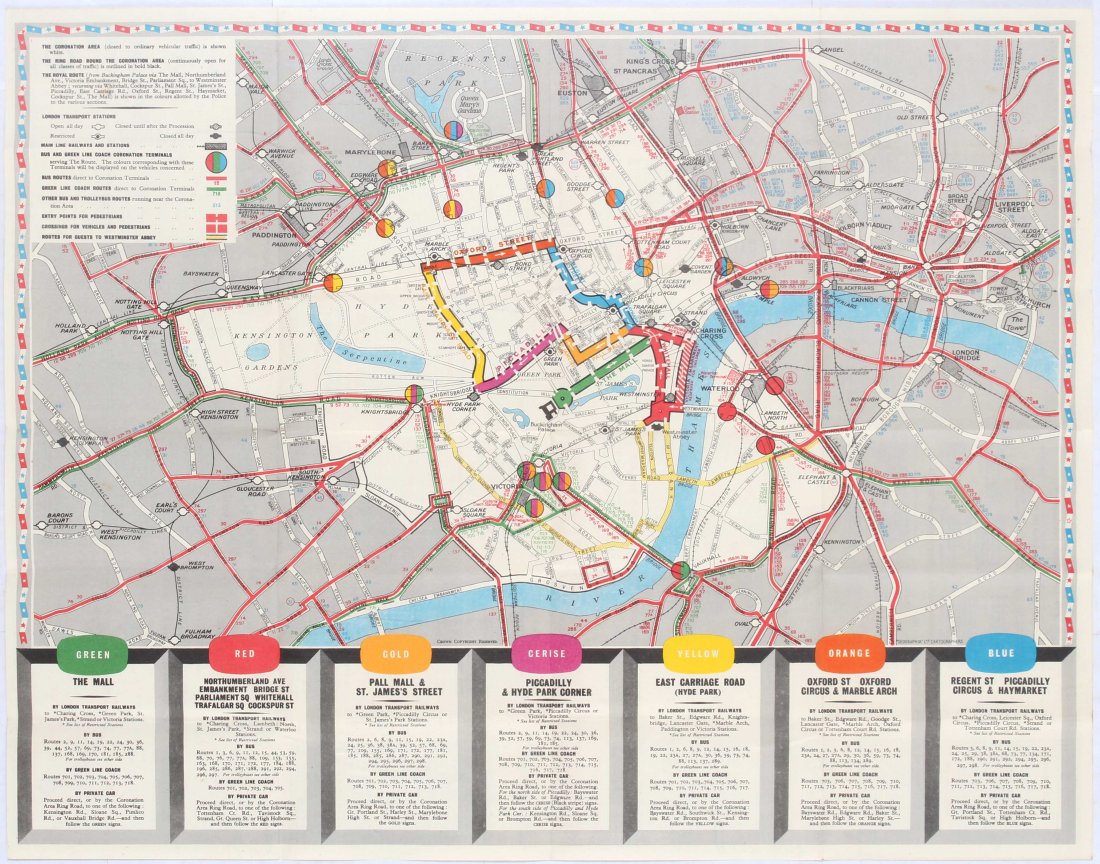London Transport Elizabeth R Coronation 1953: London Transport British Railways Elizabeth R Coronation Tuesday 2 June 1953. Includes a map showing Processional Route, the Coronation Area closed to vehicular traffic, small map of all London Transp
