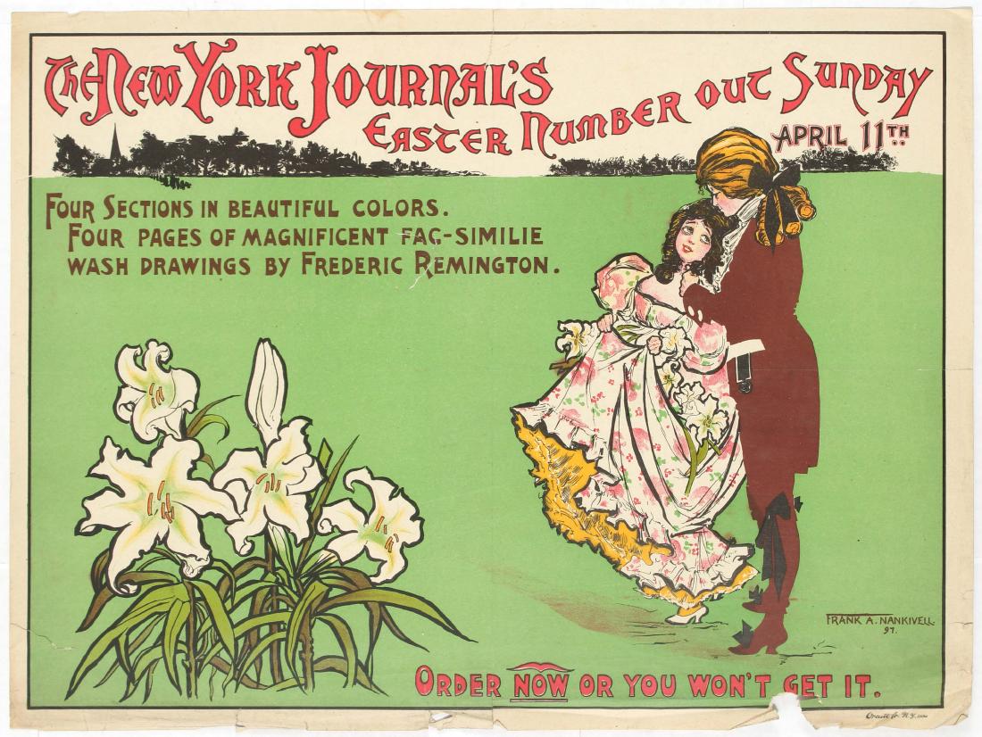 Advertisement poster The New York Sunday Journal Easter: Advertisement poster for The New York Journal's Easter No. 1 Sunday April 11th. Illustration features a man in ancient costume in a wig hugging a woman in flower print dress standing on a lawn. On the