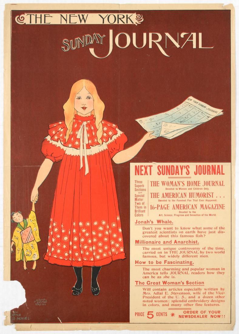 Advertisement poster The New York Sunday Journal: Advertisement poster for The New York Sunday Journal. Illustration features a girl in a red dress holding a japanese doll in one hand and New York Sunday Journal in the other hand. Stylised lettering 