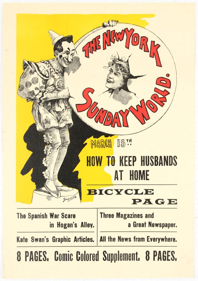 Advertisement poster The New York Sunday World: Advertisement poster for The New York Sunday World March 15th. Illustration features a smiling clown holding a big drum and a woman sticking out her head from the drum and looking at the clown. Stylis