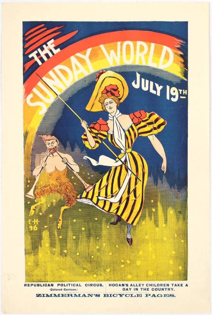 Advertisement poster The Sunday World July 19th: Advertisement poster for The Sunday World July 19th. Illustration features a woman wearing black and yellow striped dress and a hat holding a stick and a faun with trumpets with a rainbow above them. 