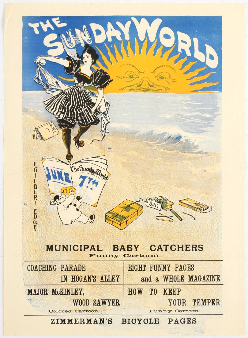 Advertisement poster The Sunday World June 7th: Advertisement poster The Sunday World June 7th. Illustration features a woman wearing black and white dress smoking and dancing on the beach. A little clown with a cymbals sits among things scattered 