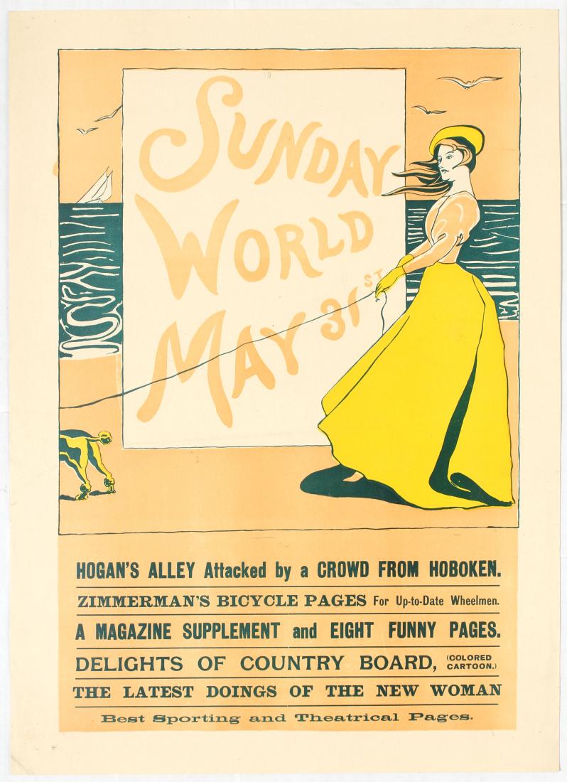 Advertisement poster The Sunday World May 31st: Advertisement poster The Sunday World May 31st. Illustration features a woman wearing yellow dress and a hat holding a dog on a leash. Floating yachts and seagulls hovering over the sea on the backgro