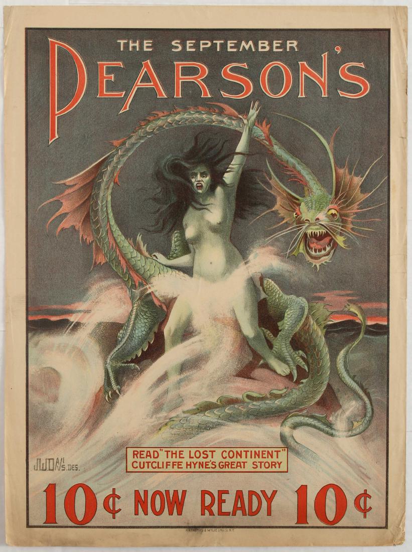 Advertisement poster The September Pearson: Advertisement poster for The September Pearson's. Illustration features stormy sea and a naked woman with a dragon standing on the rock in the middle. Fair condition, creases, tears, paper losses on m