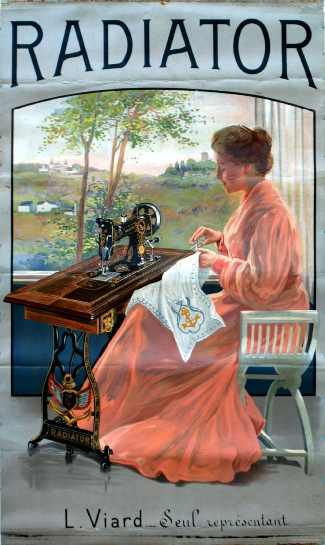 Advertising Poster Radiator: Advertising Posters Radiator. Original vintage French advertising poster for Radiator sewing machines. Great Art Nouveau image of a lady sitting in front of the sewing machine with a countryside lands