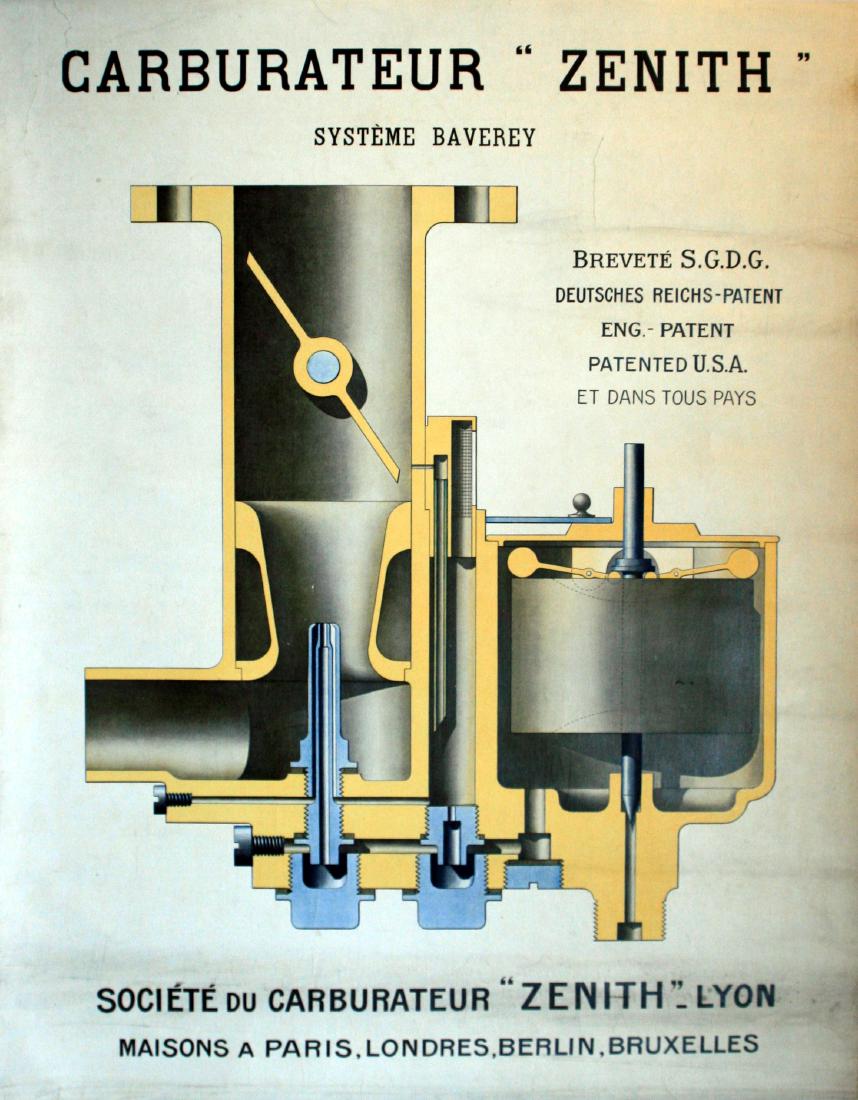 Advertising Poster Zenith Carburators: Advertising Posters Zenith Carburators. Original vintage advertising poster for Zenith carburators patented in the USA, UK and the whole world. Light soiling, backed on linen.. Country: France. Year: 