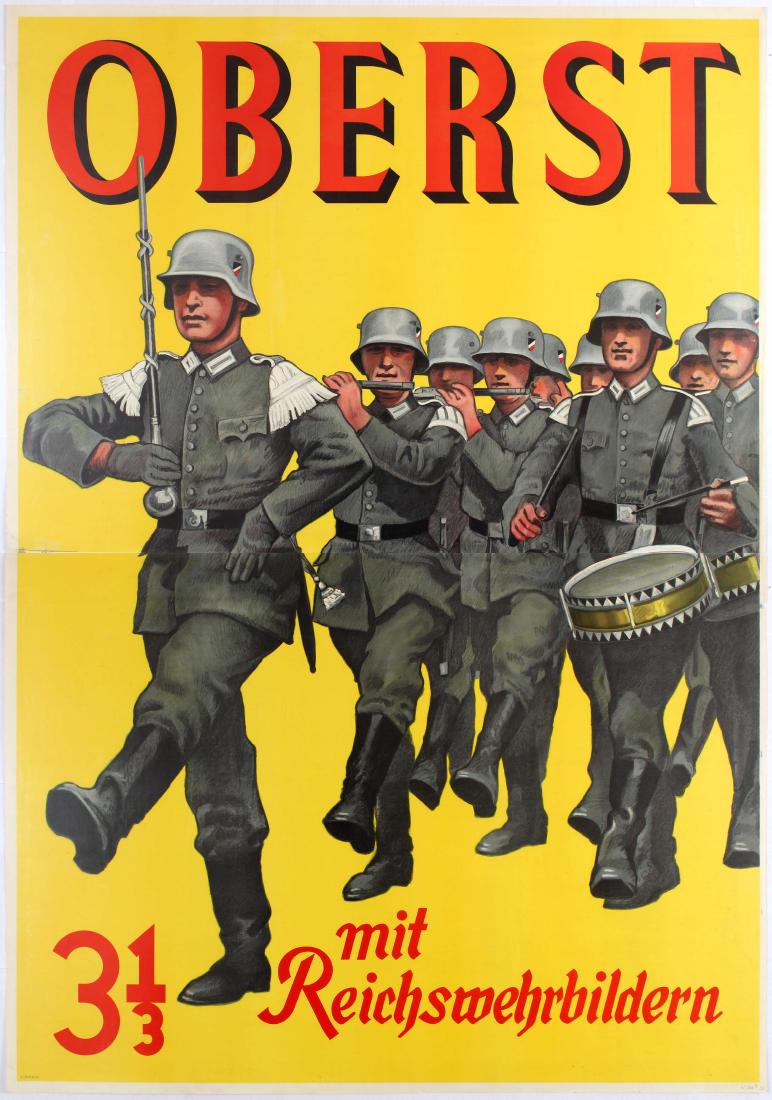 Advertising poster Oberst Mit Reichswehrbildern Germany: Advertising poster Oberst Mit3 1/3 Mit Reichswehrbildern. Illustration features marching German soldiers holding musical instruments. Stylised lettering above and below The poster consist of two parts