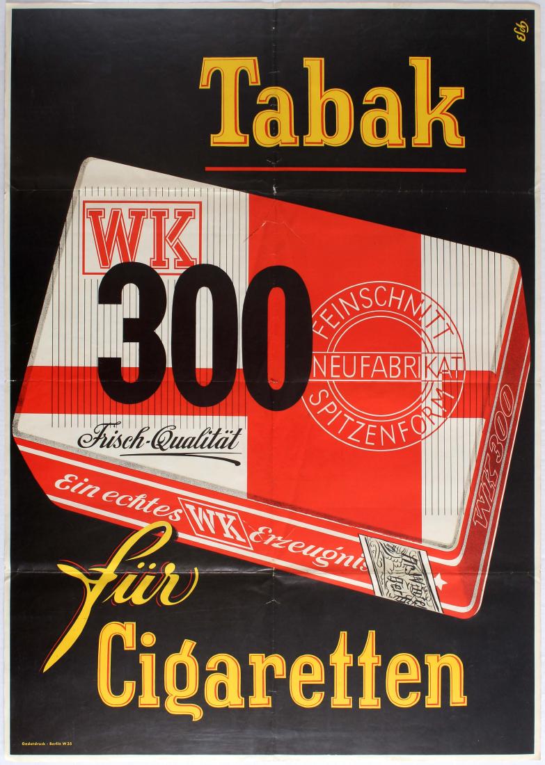 Advertising poster Tabak fÃ¼r Cigaretten WK300 Tobacco: Advertising poster Tabak fÃ¼r Cigaretten WK300 Tobacco for Cigarettes. Illustration features red/white pack of tobacco with stylised yellow lettering above and below. Fair condition folded, tears on