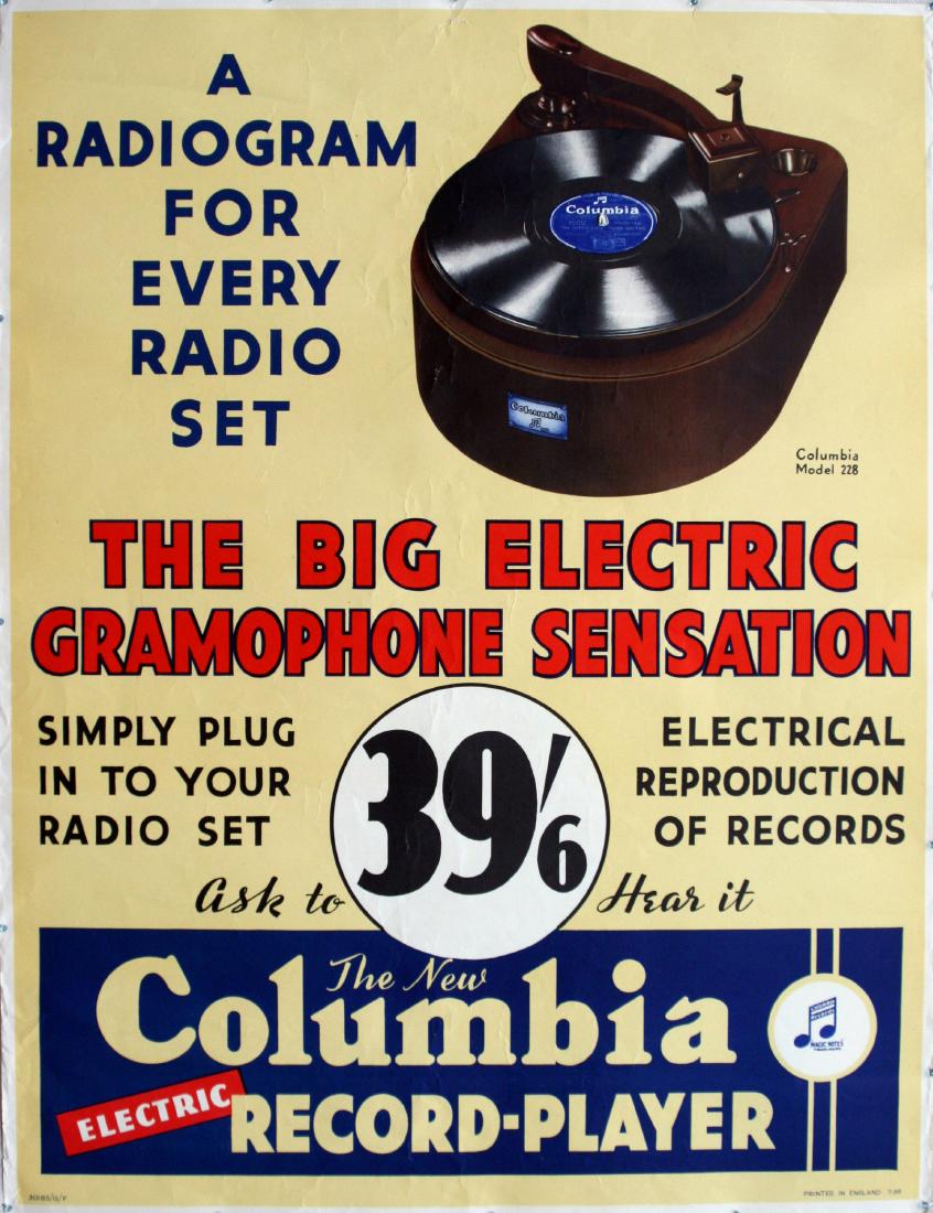 Advertising Poster Columbia Electric Record Player: Advertising Posters Columbia Electric Record Player, Model 228. Original vintage advertising poster for a Columbia electric record-player, a must-have for any fan of vinyl or radio collector. A radiog