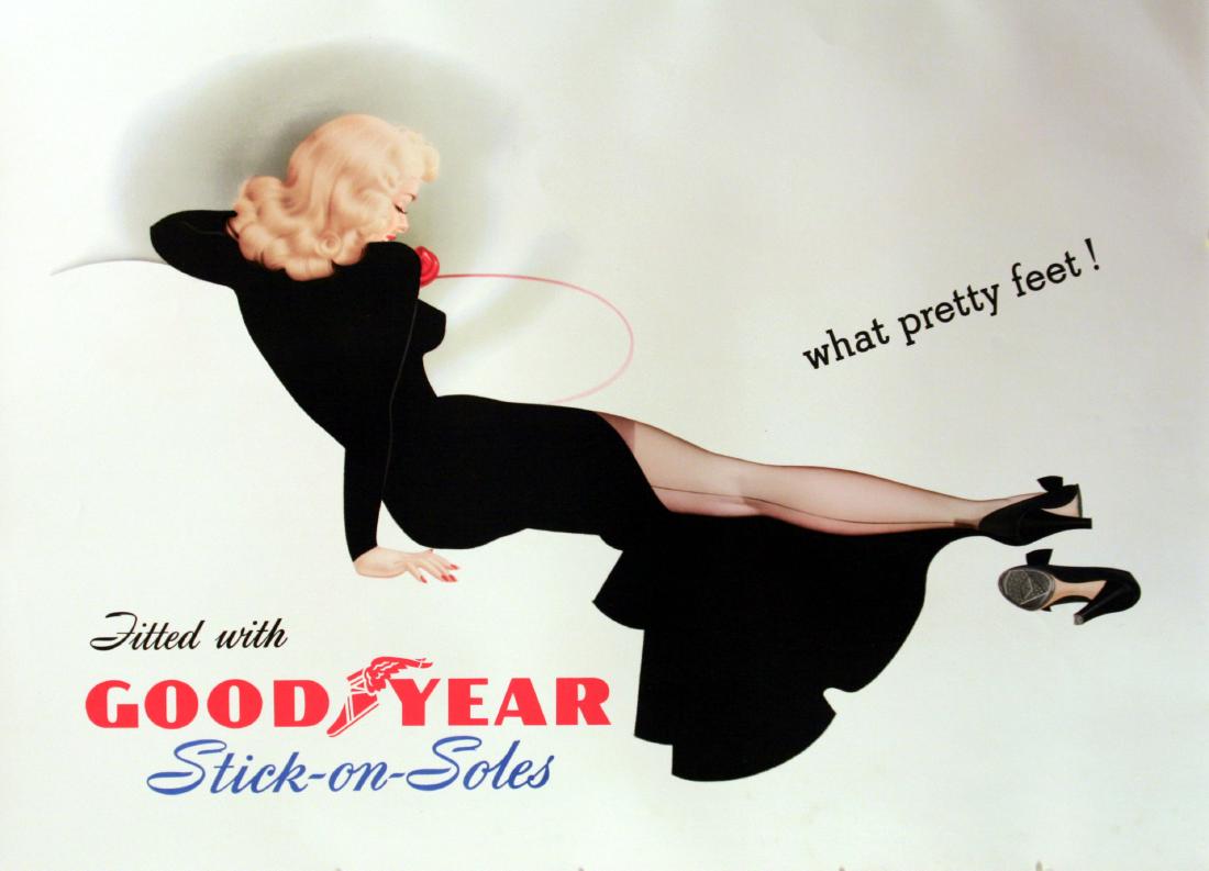 Advertising Poster Goodyear Soles Telephone: Advertising Posters Goodyear Soles - Telephone. Original vintage advertising poster for Goodyear stick on soles. What pretty feet! Features a very stylish pin-up image of a lady in a black evening dre